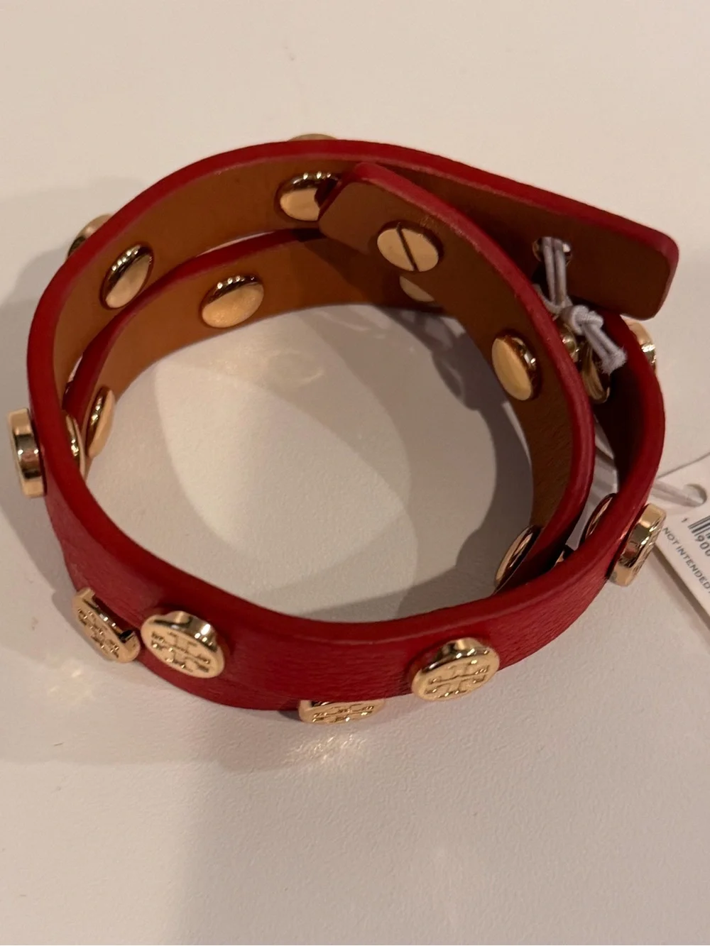 Tory Burch Red Leather Double-Wrap Bracelet with Gold Logo Studs